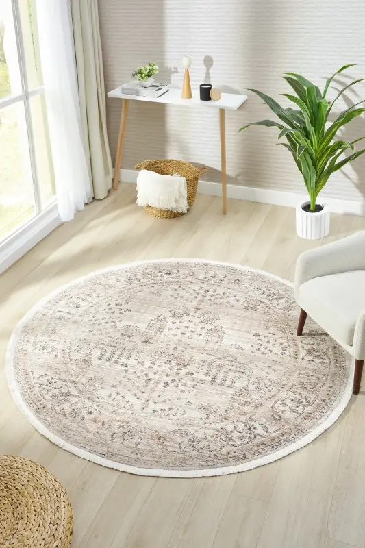 Valeria %100 Polyester Vintage Modern Dokuma Salon Oturma Odası Halısı-KREM GRİ - VENUCCI HOME & LIVING