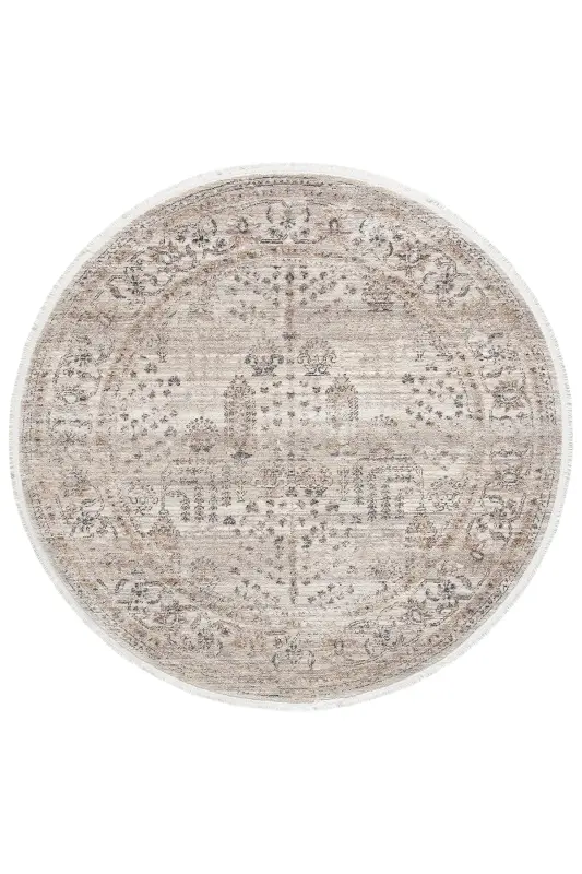 Valeria %100 Polyester Vintage Modern Dokuma Salon Oturma Odası Halısı-KREM GRİ - 2