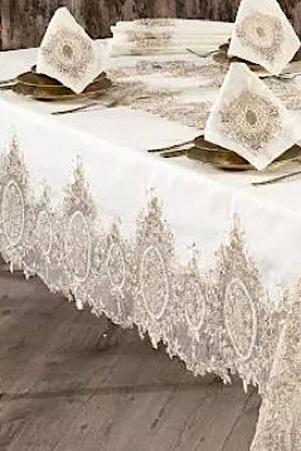 Valide Sultan Cream Dowry Lace 26 Piece 12 Person Dinner Tablecloth Runner Set - 1