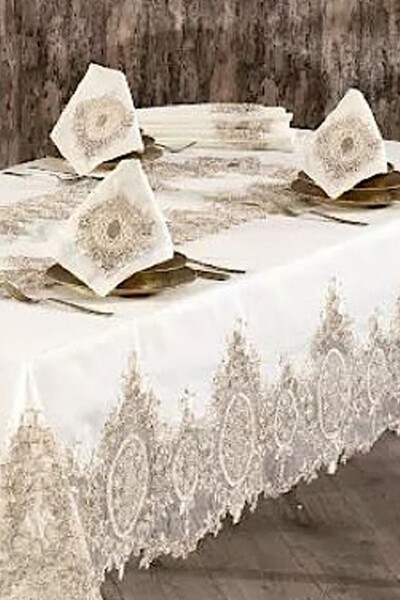 Valide Sultan Cream Dowry Lace 26 Piece 12 Person Dinner Tablecloth Runner Set - 2