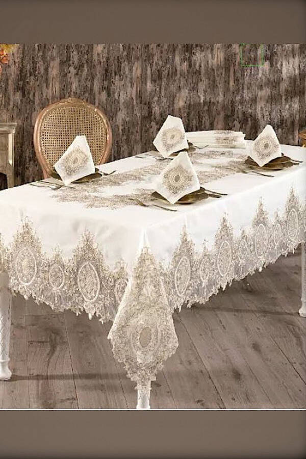 Valide Sultan Cream Dowry Lace 26 Piece 12 Person Dinner Tablecloth Runner Set - 4