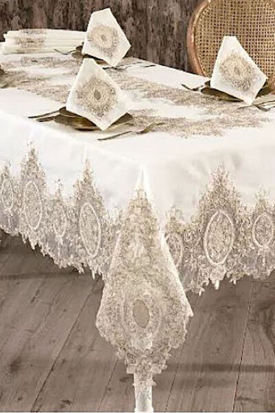 Valide Sultan Cream Dowry Lace 26 Piece 12 Person Dinner Tablecloth Runner Set - 5