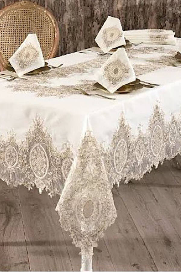 Valide Sultan Cream Dowry Lace 26 Piece 12 Person Dinner Tablecloth Runner Set - 6