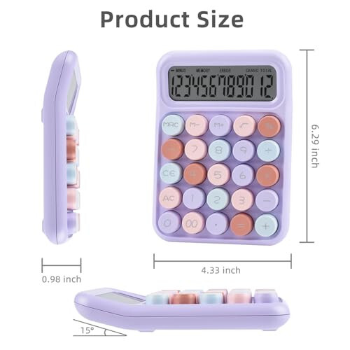 Valtiner Desktop Mechanical Calculator, 12-Digit Large LCD Display Basic Standard Calculators with Cute Big Buttons, Desk Accessories, for Office Home School (Purple) - 2