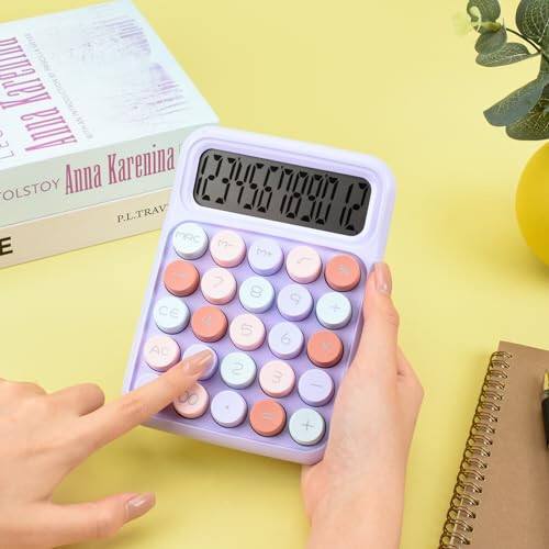 Valtiner Desktop Mechanical Calculator, 12-Digit Large LCD Display Basic Standard Calculators with Cute Big Buttons, Desk Accessories, for Office Home School (Purple) - 5