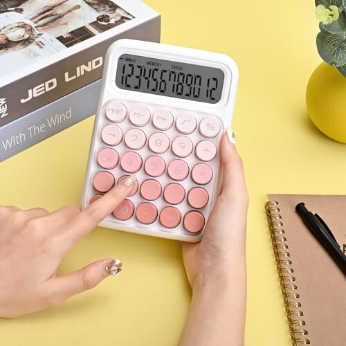 Valtiner Desktop Mechanical Calculator, Cute Big Buttons Calculators with 12 Digits Large LCD Display, Desk Accessories, for Office Home School (Pink) - 3