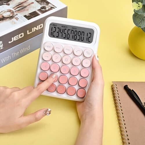 Valtiner Desktop Mechanical Calculator, Cute Big Buttons Calculators with 12 Digits Large LCD Display, Desk Accessories, for Office Home School (Pink) - 3