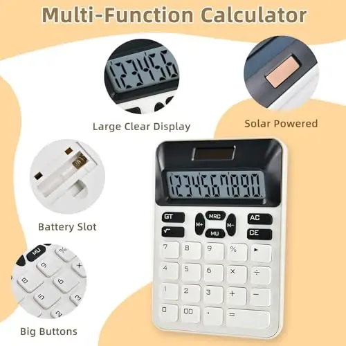 Valtiner Solar Calculators Desktop, 12 Digit Basic Calculator with Big Buttons, Sensitive Aesthetic Desk Accessories Large LCD for Office School (White) - 13