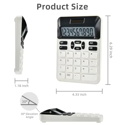 Valtiner Solar Calculators Desktop, 12 Digit Basic Calculator with Big Buttons, Sensitive Aesthetic Desk Accessories Large LCD for Office School (White) - 3
