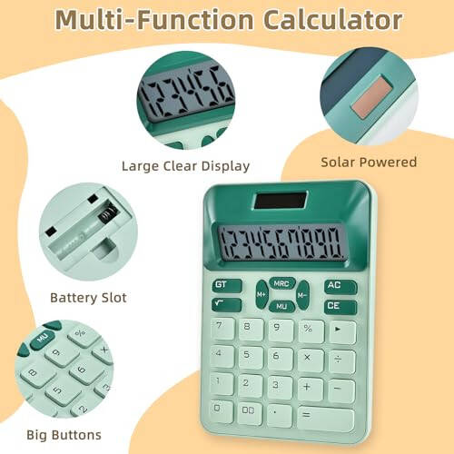 Valtiner Solar Calculators Desktop, 12 Digit Basic Calculator with Big Buttons, Sensitive Aesthetic Desk Accessories Large LCD for Office School (Green) - 5