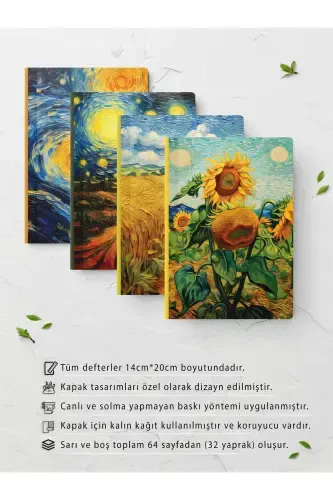 Van Gogh Defter Seti - Sanat Temalı - 4 Adet - 14cm*20cm - 64 Sayfa - Çizgisiz-Van Gogh - POSTIFULL (1)
