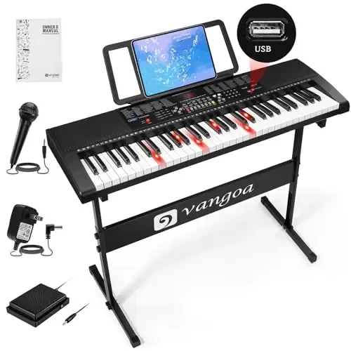Vangoa 61 Key Keyboard Piano, Light-Up Electric Piano Keyboard Kit with 600 Voices, 400 RhytModazones with Piano Stand, Microphone, Recording/USB, Gift for Beginners, Black (VGK6101) 