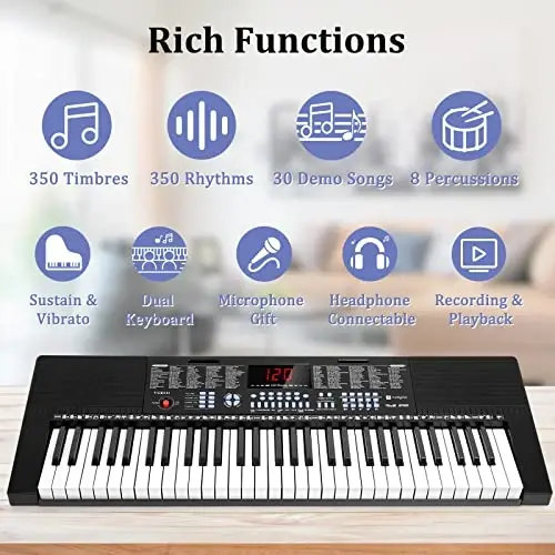 Vangoa 61-Key Light-Up Keyboard Piano for Beginners, 350 Tones & Timbres, 3 Teaching Modes, With Microphone, Black - 4