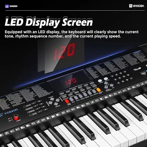 Vangoa 61 tugmali klaviatura pianino, pianino stendi, mikrofon, ovoz yozish/USB bilan yoritilgan elektr pianino klaviatura to'plami, 600 ta ovoz, 400 ta ritmmodazonlar, yangi boshlanuvchilar uchun sovg'a, qora (VGK6101) - 2