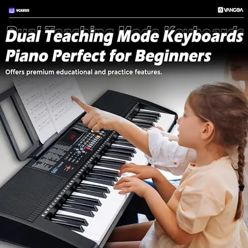 Vangoa 61 tugmali klaviatura pianino, pianino stendi, mikrofon, ovoz yozish/USB bilan yoritilgan elektr pianino klaviatura to'plami, 600 ta ovoz, 400 ta ritmmodazonlar, yangi boshlanuvchilar uchun sovg'a, qora (VGK6101) - 3