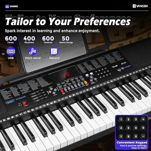 Vangoa 61 tugmali klaviatura pianino, pianino stendi, mikrofon, ovoz yozish/USB bilan yoritilgan elektr pianino klaviatura to'plami, 600 ta ovoz, 400 ta ritmmodazonlar, yangi boshlanuvchilar uchun sovg'a, qora (VGK6101) - 4