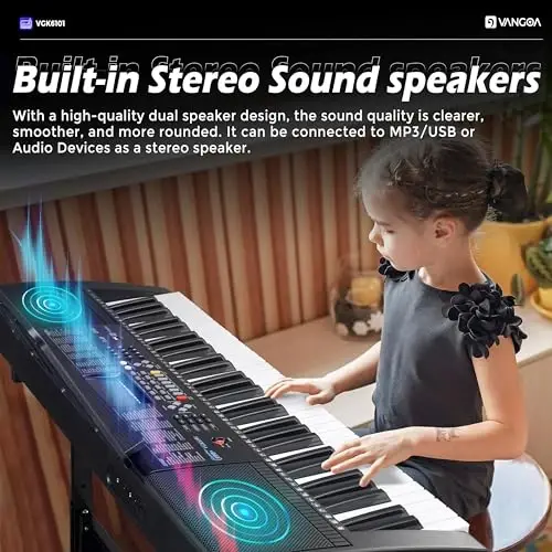 Vangoa 61 tugmali klaviatura pianino, pianino stendi, mikrofon, ovoz yozish/USB bilan yoritilgan elektr pianino klaviatura to'plami, 600 ta ovoz, 400 ta ritmmodazonlar, yangi boshlanuvchilar uchun sovg'a, qora (VGK6101) - 6