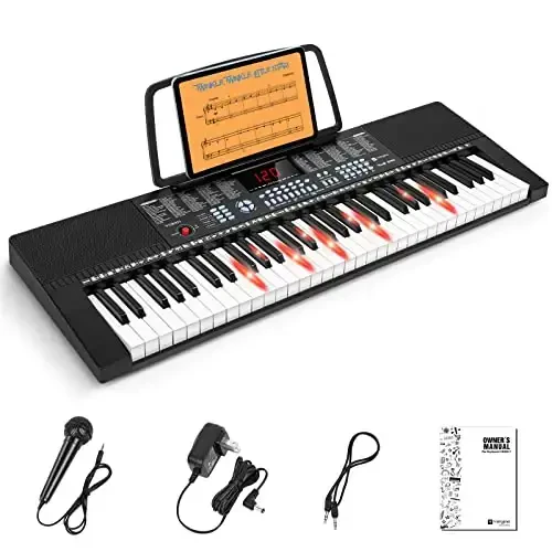 Vangoa 61-Key Light-Up Keyboard Piano for Beginners, 350 Tones & Timbres, 3 Teaching Modes, With Microphone, Black 