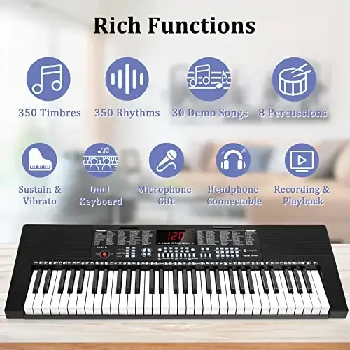 Vangoa 61-Key Light-Up Keyboard Piano for Beginners, 350 Tones & Timbres, 3 Teaching Modes, With Microphone, Black - 4