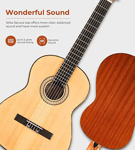 Vangoa Classical Guitar, 39 Inch Nylon String Guitar Classical, Full Size Beginner Spanish Guitar With Spruce Top And Sapele Back, Bundle for Gig Bag, Pedal, Guitar Tuner, Strap, Capo, Spare Strings - 3