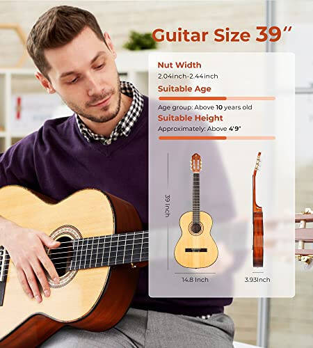 Vangoa Classical Guitar, 39 Inch Nylon String Guitar Classical, Full Size Beginner Spanish Guitar With Spruce Top And Sapele Back, Bundle for Gig Bag, Pedal, Guitar Tuner, Strap, Capo, Spare Strings - 5