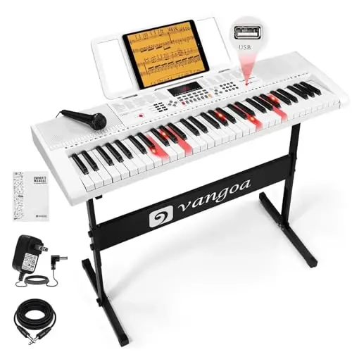 Vangoa Electric Piano Keyboard 61 Light Up Key with Stand for Beginners | Full size keys, 3 learning modes, 600 tones, 400 rhytModazone, 50 demos, height adjustable stand for adults teens kids girls - 1