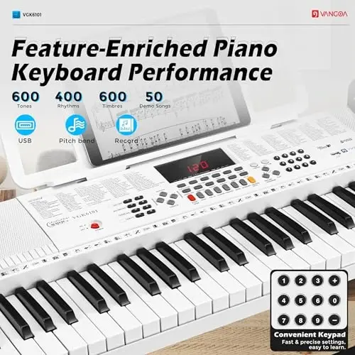 Vangoa Electric Piano Keyboard 61 Light Up Key with Stand for Beginners | Full size keys, 3 learning modes, 600 tones, 400 rhytModazone, 50 demos, height adjustable stand for adults teens kids girls - 4