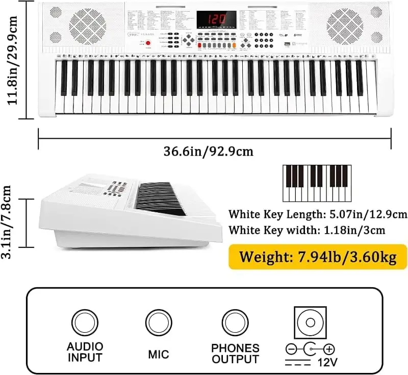 Vangoa Keyboard Piano 61 Key, Full Size Electric Piano Keyboard Light UP Keys with 3 Teaching Modes, Learning Music Keyboard Piano with Stand Headphones for Beginners Students, VGK6101 White - 4