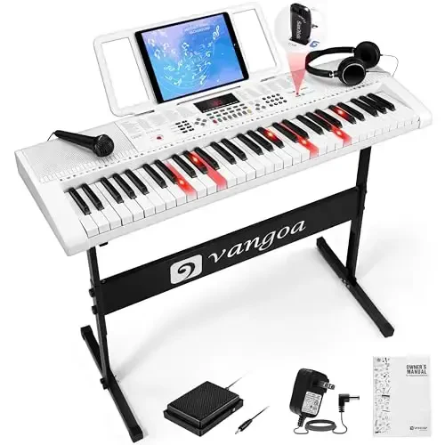 Vangoa Keyboard Piano 61 Key, Full Size Electric Piano Keyboard Light UP Keys with 3 Teaching Modes, Learning Music Keyboard Piano with Stand Headphones for Beginners Students, VGK6101 White - 1