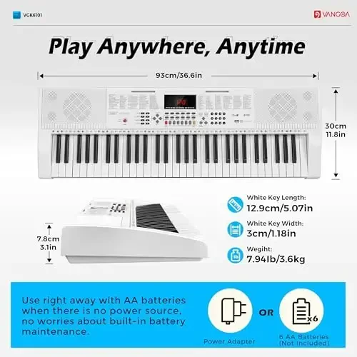 Vangoa Keyboard Piano 61 Key, Full Size Electric Piano Keyboard Light UP Keys with 3 Teaching Modes, Learning Music Keyboard Piano with Stand Headphones for Beginners Students, VGK6101 White - 3