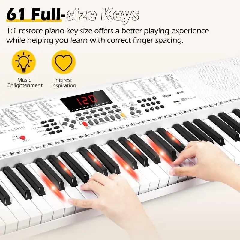 Vangoa Keyboard Piano 61 Key, Full Size Electric Piano Keyboard Light UP Keys with 3 Teaching Modes, Learning Music Keyboard Piano with Stand Headphones for Beginners Students, VGK6101 White - 2
