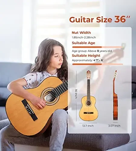 Vangoa Klassik Gitarasi 3/4 Dyuymov Akustik Klassik Gitarasi, 36 Dyuymov Yosh Bolalar Uchun Naylon Torli Gitar Toʻplami Yangi Boshlanuvchilar Uchun, Sadr Yuqori Qismi - 4