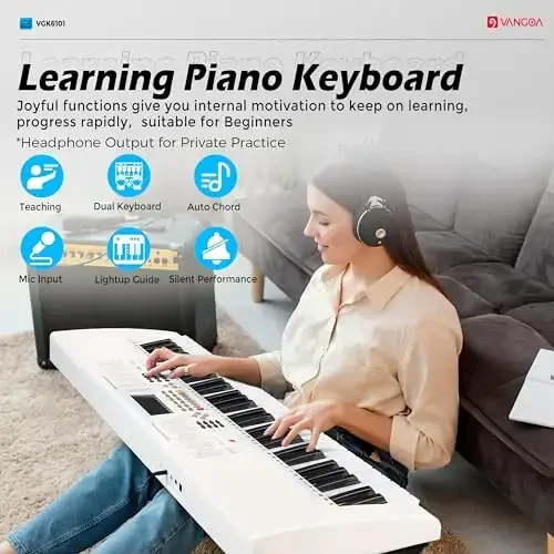 Vangoa Keyboard Piano 61 Key, Full Size Electric Piano Keyboard Light UP Keys with 3 Teaching Modes, Learning Music Keyboard Piano with Stand Headphones for Beginners Students, VGK6101 White - 5
