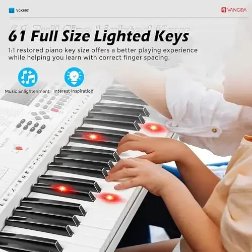 Vangoa Keyboard Piano 61 Key, Full Size Electric Piano Keyboard Light UP Keys with 3 Teaching Modes, Learning Music Keyboard Piano with Stand Headphones for Beginners Students, VGK6101 White - 6