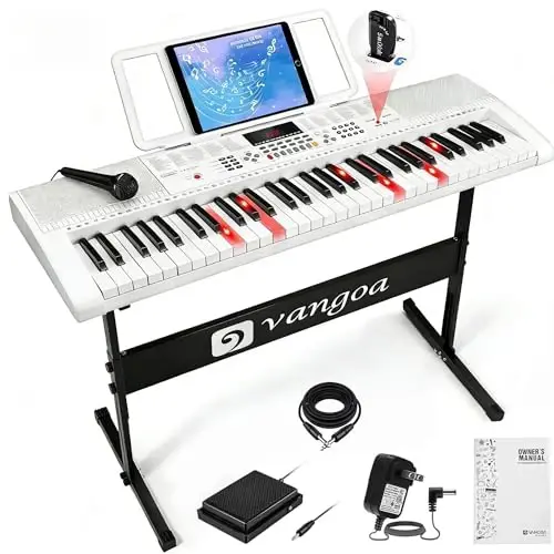 Vangoa Keyboard Piano 61 Key, Full Size Electric Piano Keyboard Light UP Keys with 3 Teaching Modes, Learning Music Keyboard Piano with Stand Headphones for Beginners, VGK6101 White 