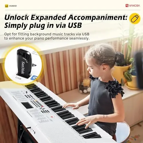 Vangoa Keyboard Piano 61 Key, Full Size Electric Piano Keyboard Light UP Keys with 3 Teaching Modes, Learning Music Keyboard Piano with Stand Headphones for Beginners, VGK6101 White - 3