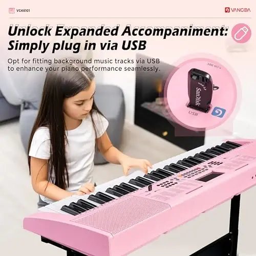 Vangoa Pink Piano Keyboard 61 Key, Electric Keyboard Kit Portable Music Keyboard for Kids Students with Microphone, 600 Tones, 400 RhytModazones, 50 Demos, Gift for Beginners - 3