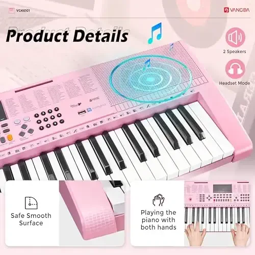 Vangoa Pink Piano Keyboard 61 Key, Electric Keyboard Kit Portable Music Keyboard for Kids Students with Microphone, 600 Tones, 400 RhytModazones, 50 Demos, Gift for Beginners - 4