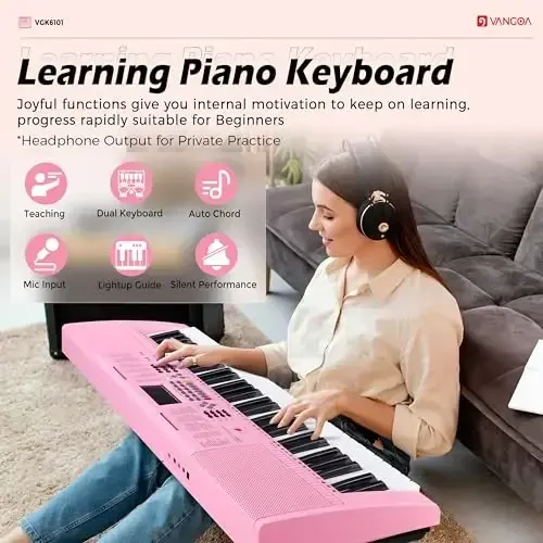 Vangoa Pink Piano Keyboard 61 Key, Electric Keyboard Kit Portable Music Keyboard for Kids Students with Microphone, 600 Tones, 400 RhytModazones, 50 Demos, Gift for Beginners - 6