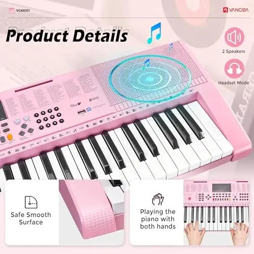 Vangoa Pushti Pianino Klaviatura 61 Tugma, Elektr Klaviatura To'plami Portativ Musiqa Klaviatura Bolalar Talabalar uchun Mikrofon bilan, 600 Ton, 400 Ritmlar, 50 Demo, Boshlanuvchilar uchun Sovg'a - 4