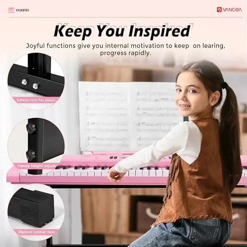 Vangoa Pushti Pianino Klaviatura 61 Tugma, Elektr Klaviatura To'plami Portativ Musiqa Klaviatura Bolalar Talabalar uchun Mikrofon bilan, 600 Ton, 400 Ritmlar, 50 Demo, Boshlanuvchilar uchun Sovg'a - 5