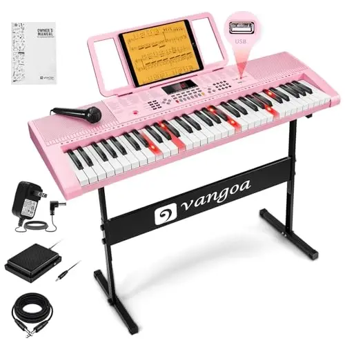 Vangoa Pushti Pianino Klaviatura 61 Tugma, Elektr Klaviatura To'plami Portativ Musiqa Klaviatura Bolalar Talabalar uchun Mikrofon bilan, 600 Ton, 400 Ritmlar, 50 Demo, Boshlanuvchilar uchun Sovg'a - VANGOA