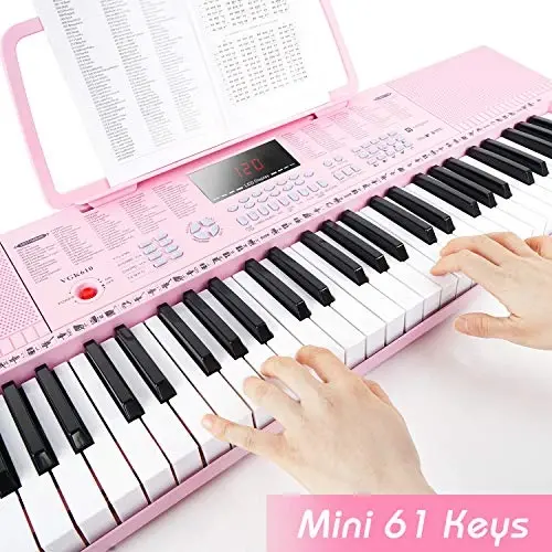 Vangoa VGK610 pianino klaviaturasi, 61 ta mini klavishli portativ musiqa klaviaturasi, mikrofonli yangi boshlanuvchilar uchun, 3 ta o'qitish rejimi, 350 ta ohang, 350 ta ritm, 30 ta demo, pushti - 3