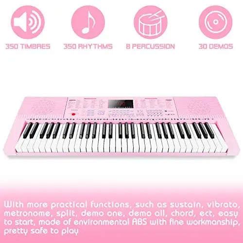 Vangoa VGK610 pianino klaviaturasi, 61 ta mini klavishli portativ musiqa klaviaturasi, mikrofonli yangi boshlanuvchilar uchun, 3 ta o'qitish rejimi, 350 ta ohang, 350 ta ritm, 30 ta demo, pushti - 4