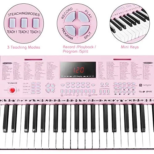 Vangoa VGK610 pianino klaviaturasi, 61 ta mini klavishli portativ musiqa klaviaturasi, mikrofonli yangi boshlanuvchilar uchun, 3 ta o'qitish rejimi, 350 ta ohang, 350 ta ritm, 30 ta demo, pushti - 5