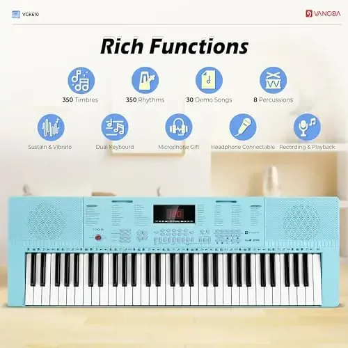 Vangoa VGK610 Piano Keyboard, 61 Mini Keys Portable Music Keyboard for Beginners with Microphone, 3 Teaching Modes, 350 Tones, 350 RhytModazones, 30 Demos, Blue - 4
