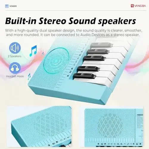 Vangoa VGK610 Piano Keyboard, 61 Mini Keys Portable Music Keyboard for Beginners with Microphone, 3 Teaching Modes, 350 Tones, 350 RhytModazones, 30 Demos, Blue - 5