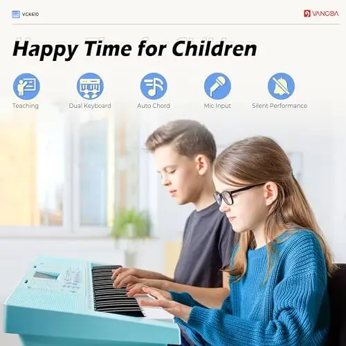 Vangoa VGK610 Piano Keyboard, 61 Mini Keys Portable Music Keyboard for Beginners with Microphone, 3 Teaching Modes, 350 Tones, 350 RhytModazones, 30 Demos, Blue - VANGOA (1)