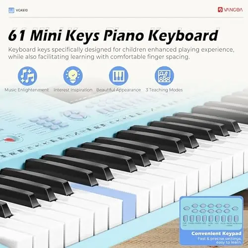 Vangoa VGK610 Piano Keyboard, 61 Mini Keys Portable Music Keyboard for Beginners with Microphone, 3 Teaching Modes, 350 Tones, 350 RhytModazones, 30 Demos, Blue - 3