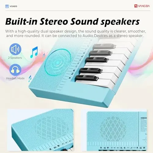 Vangoa VGK610 Piano Keyboard, 61 Mini Keys Portable Music Keyboard for Beginners with Microphone, 3 Teaching Modes, 350 Tones, 350 RhytModazones, 30 Demos, Blue - 5